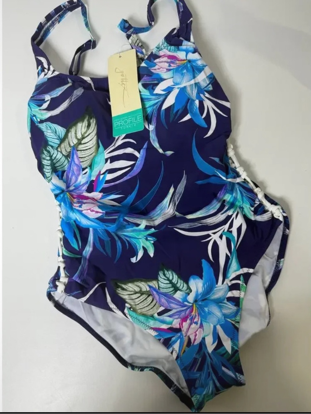 NWT Gottex Navy Blue Floral One-Piece Swimsuit L